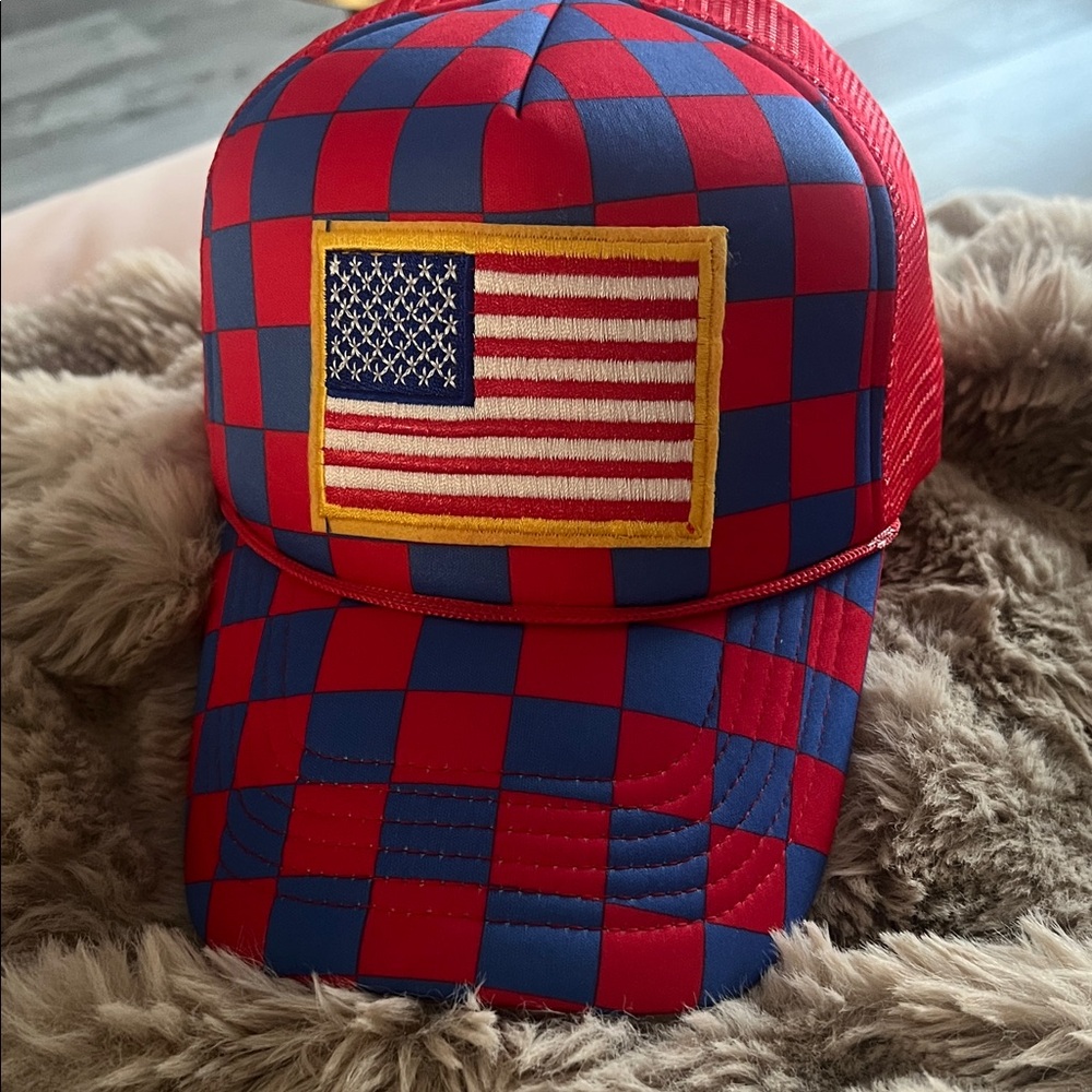 Red and Blue Checkered Cap with American Flag Patch